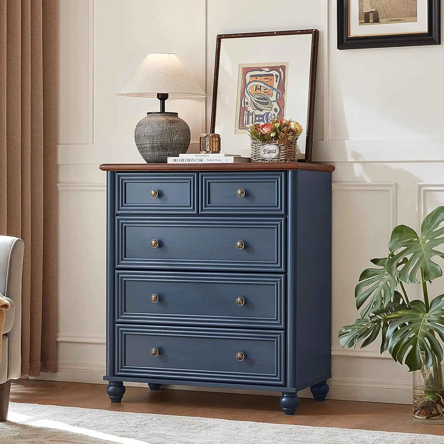 Blue Rustic Chest of 5 Drawers