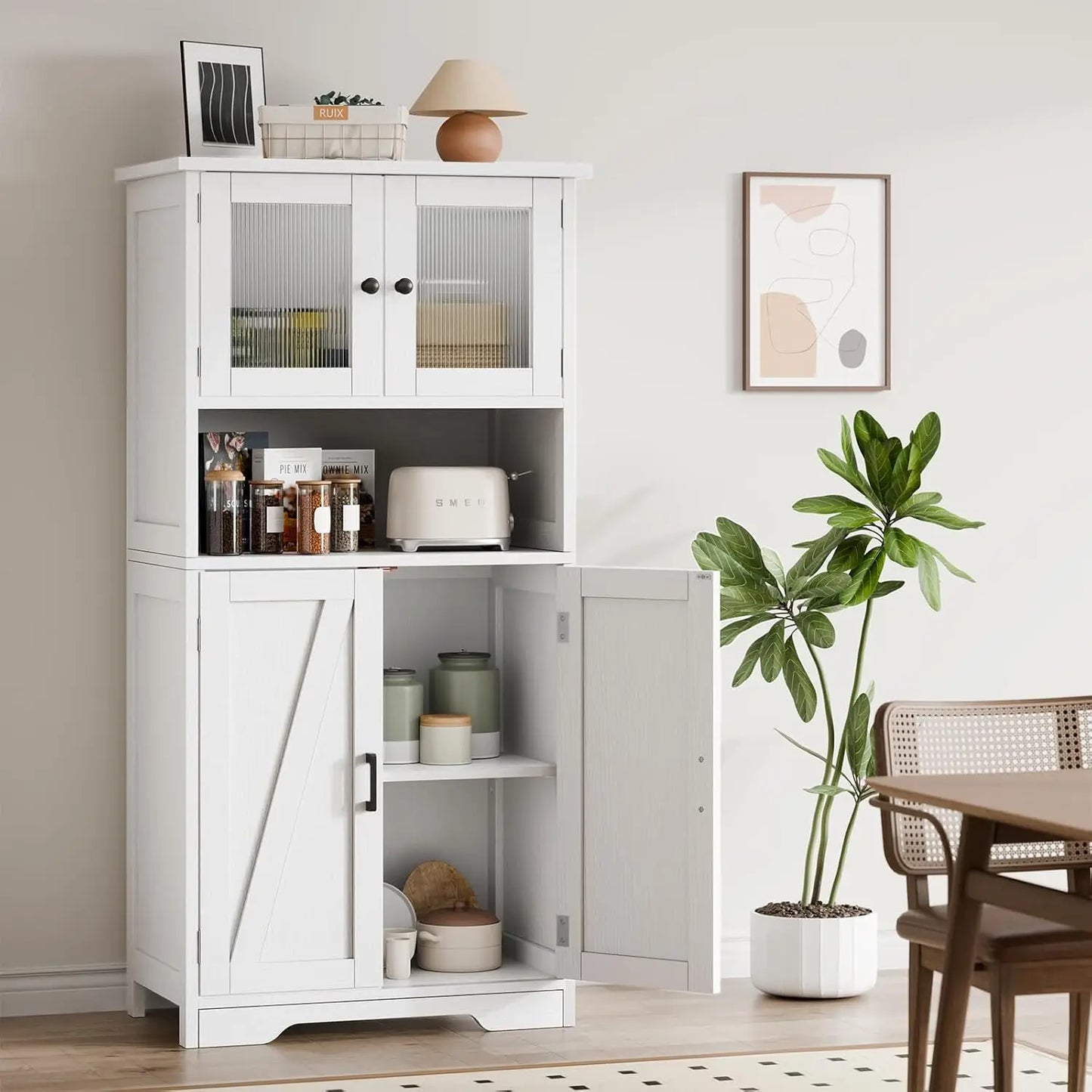 Free Standing Kitchen Pantry Cupboard with 4 Doors and Open Space