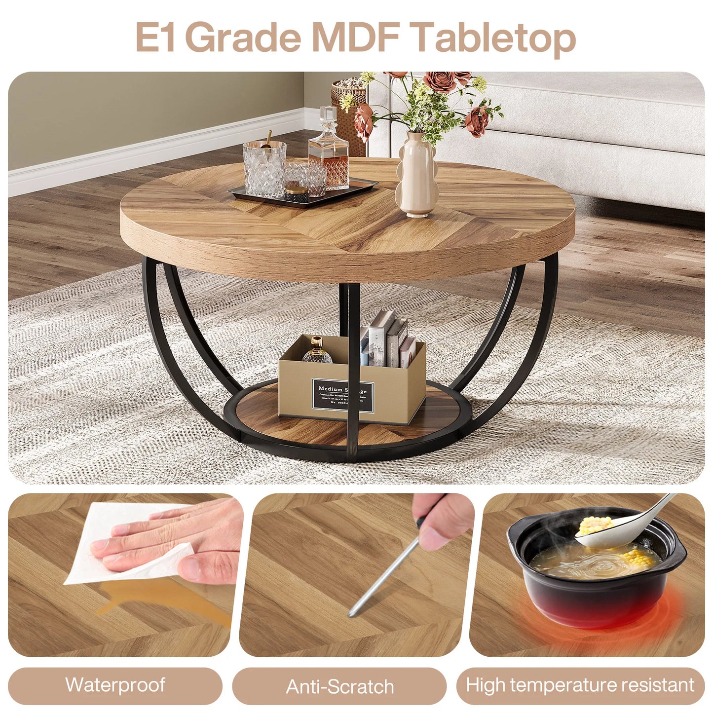 Industrial 2-Tier Circle Coffee Table with Storage Shelves