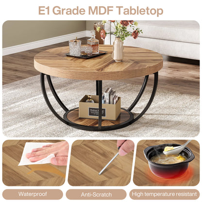 Industrial 2-Tier Circle Coffee Table with Storage Shelves
