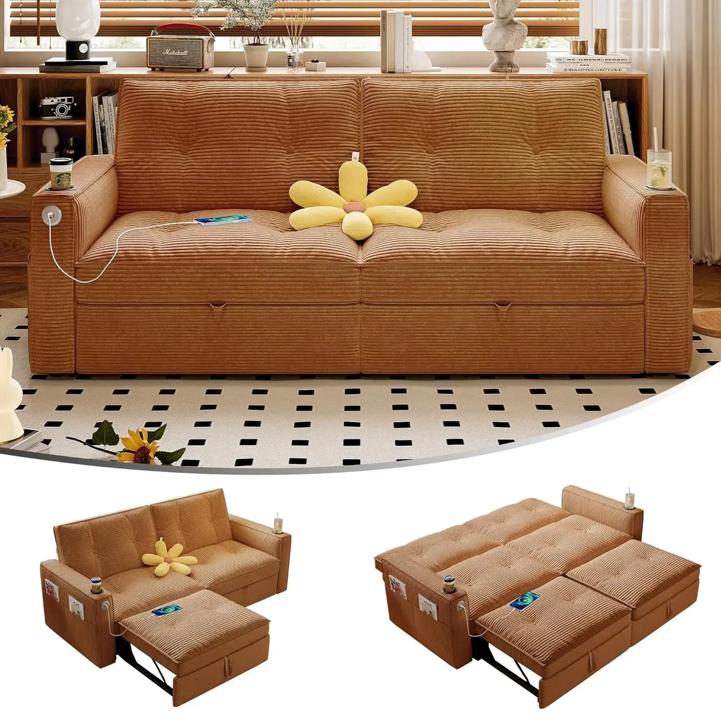 Loveseat Sleeper Sofa with Pull Out Bed, with Pockets and USB