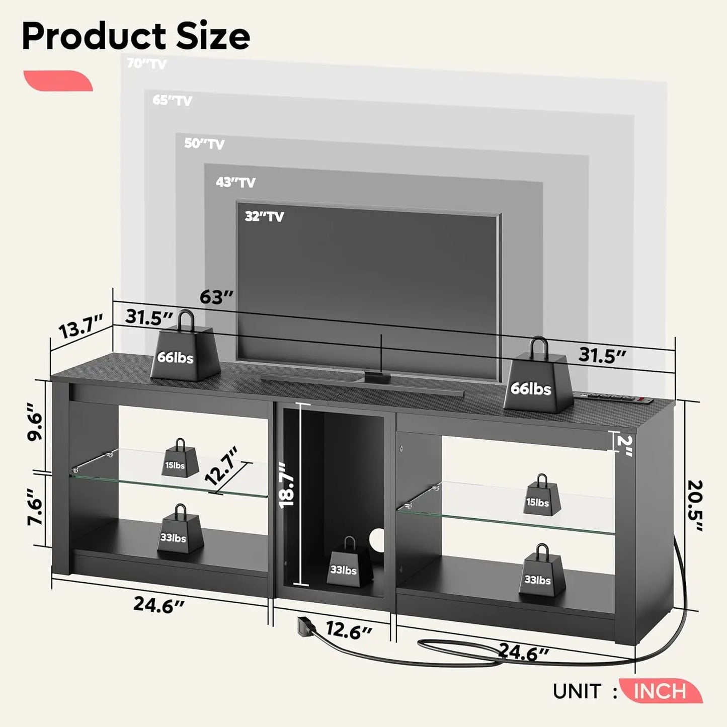 70in LED TV Stand with Power Outlets Glass Shelves