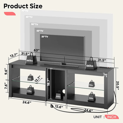 70in LED TV Stand with Power Outlets Glass Shelves