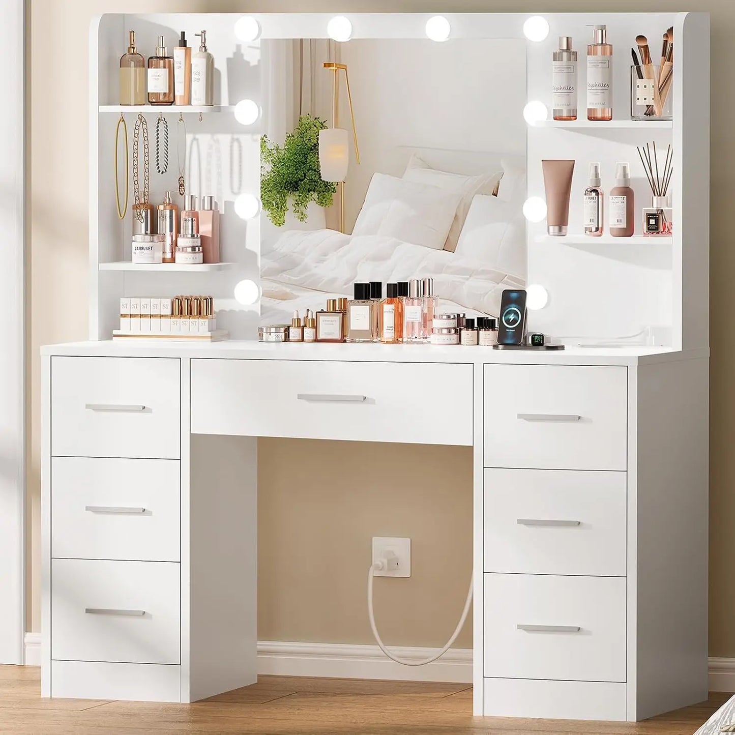 Large Vanity Desk with LED Mirror & Power Outlet