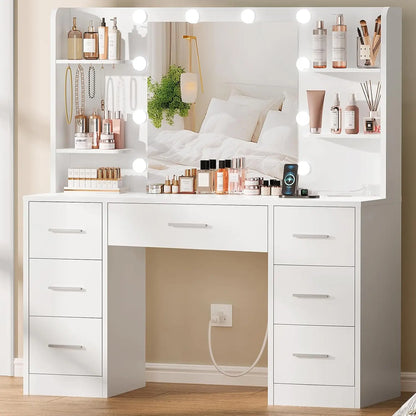 Large Vanity Desk with LED Mirror & Power Outlet