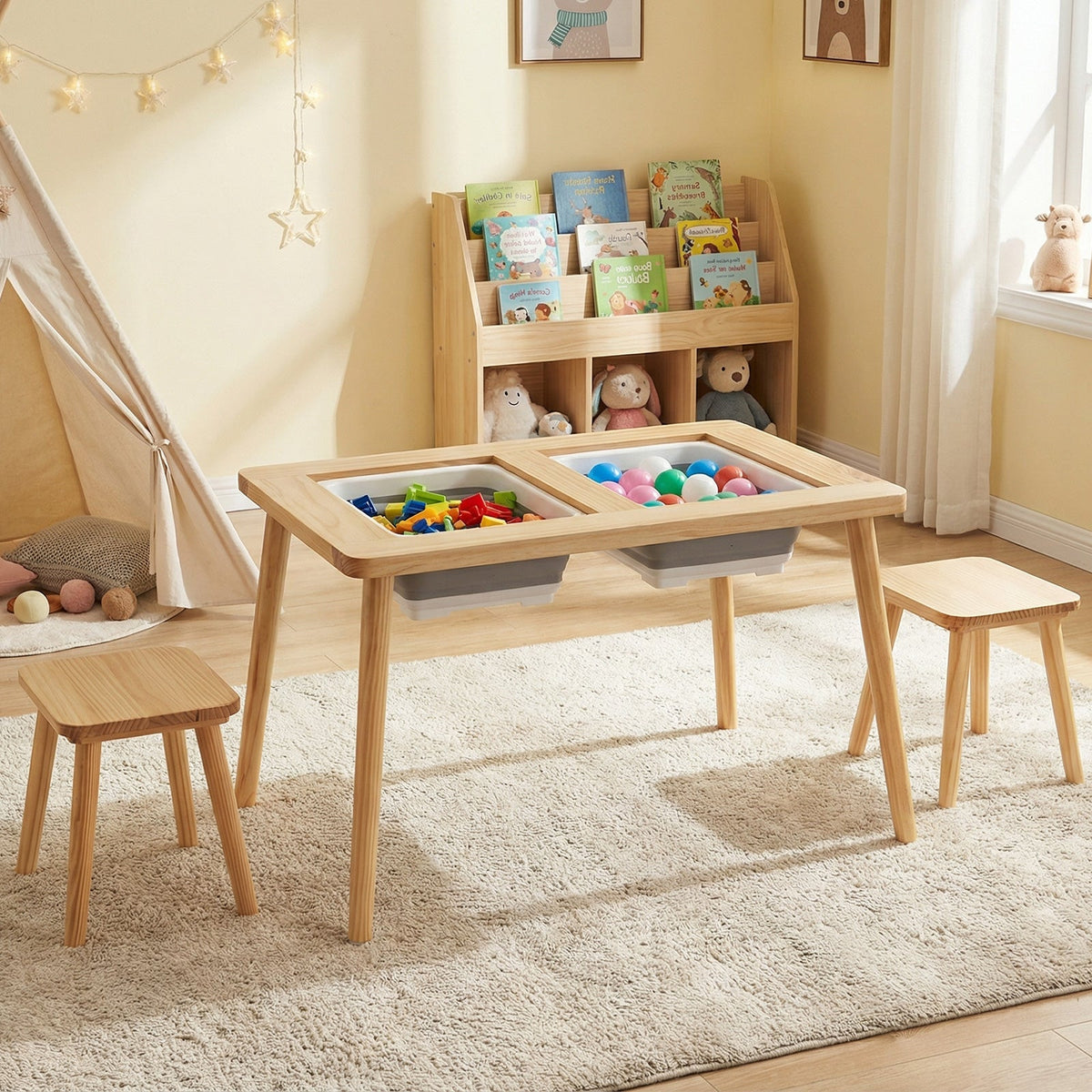 Wooden Kids Activity Table Set with 2 Foldable Storage Bins-Natural