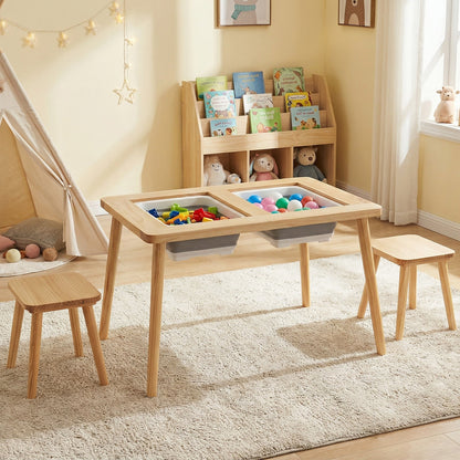 Wooden Kids Activity Table Set with 2 Foldable Storage Bins-Natural