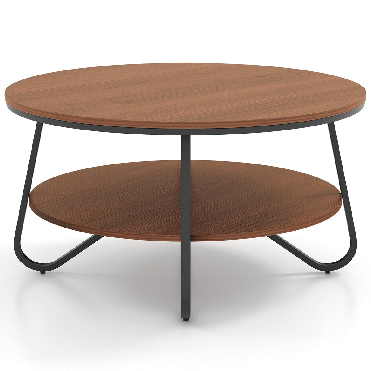 33.5 Inch Round Coffee Table with Wood Grain Finish and Heavy-duty Metal Frame-Walnut